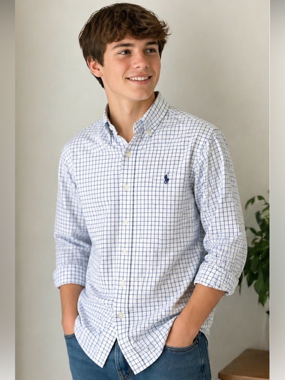 Polo Ralph Lauren Blue Check Button Down Shirt Boys XL 18-20 Fits Mens XS Slim
